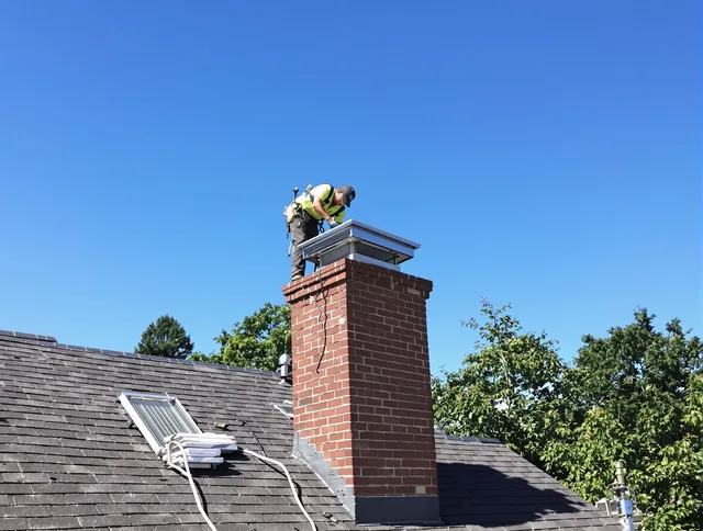 Scituate Chimney Sweep technician measuring a chimney cap in Scituate, MA